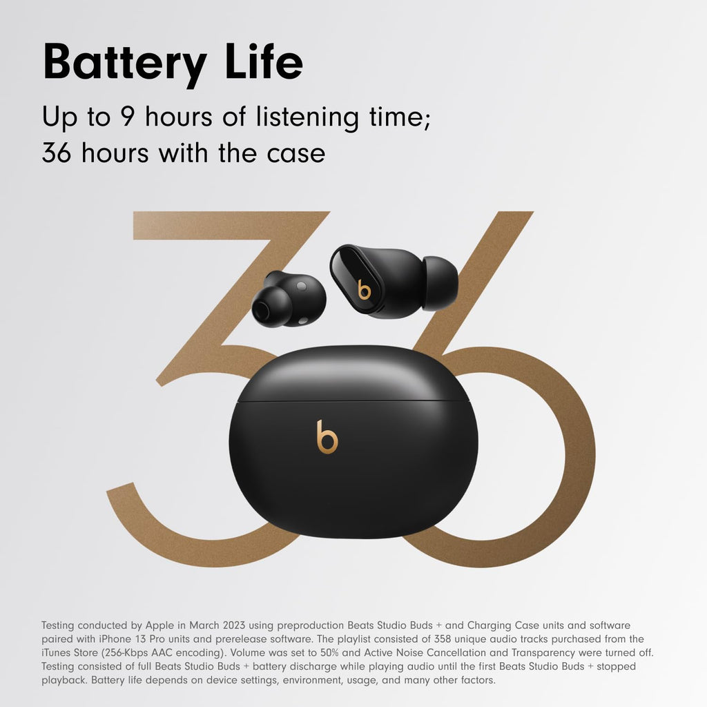 Beats Studio Buds + | True Wireless Noise Cancelling Earbuds, Enhanced Apple & Android Compatibility, Built - in Microphone, Sweat Resistant Bluetooth Headphones, Spatial Audio - Black/Gold - Loot Bandit