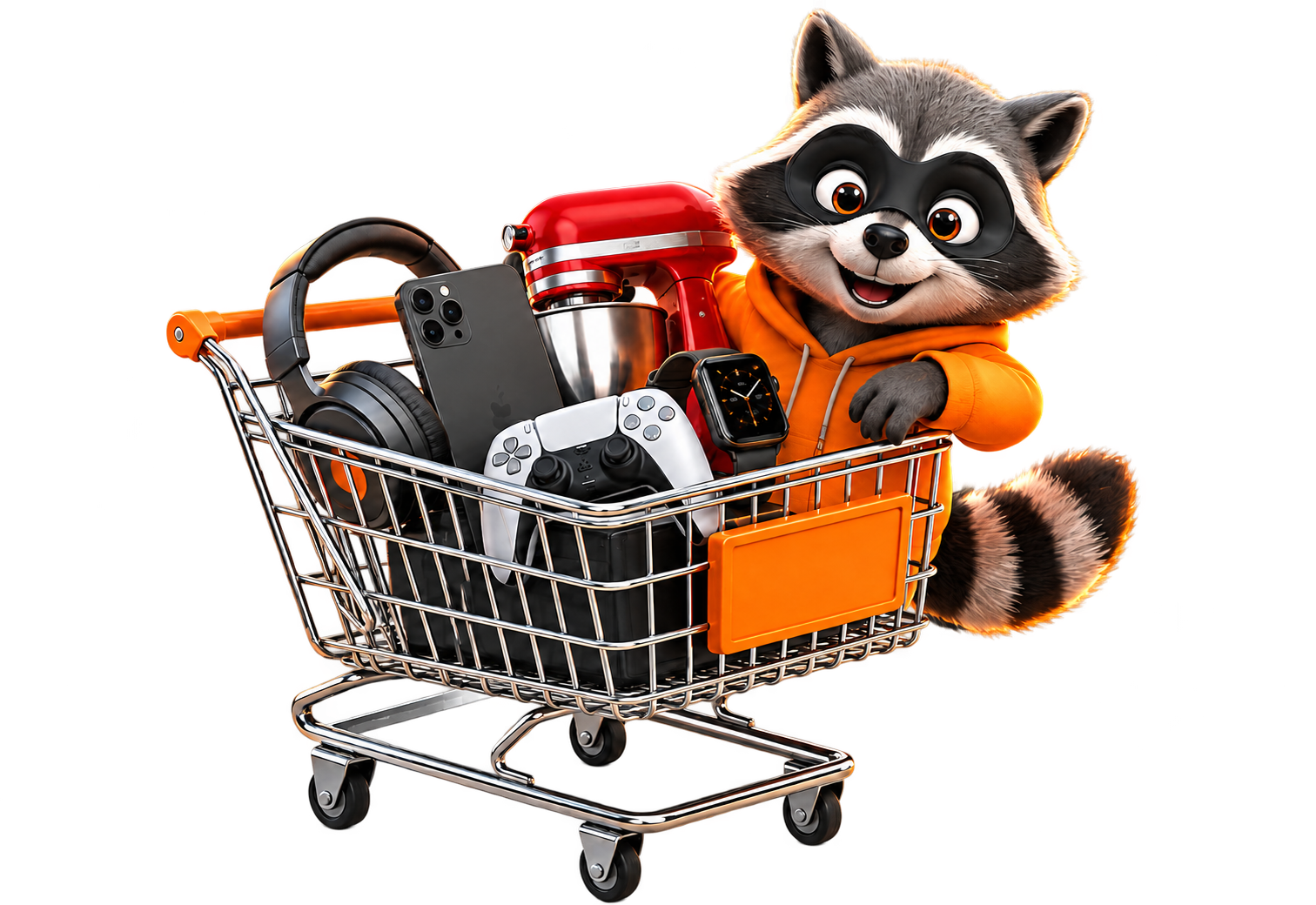 LootBandit raccoon pushing a shopping cart filled with products