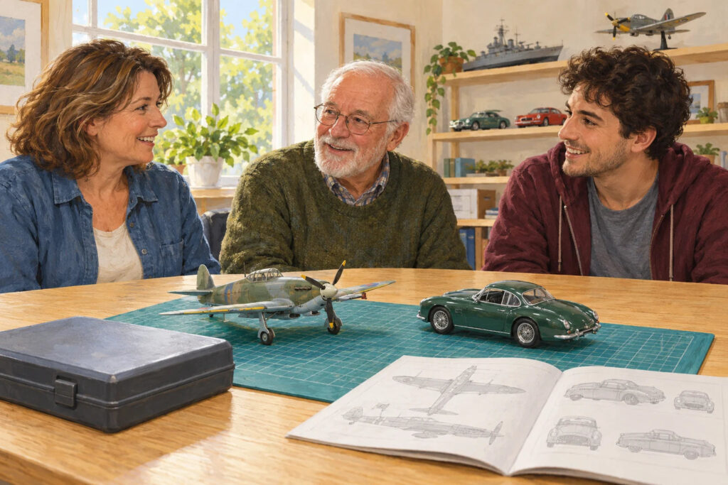 Illustration of three adult hobbyists discussing a model airplane and car at a welcoming club table.