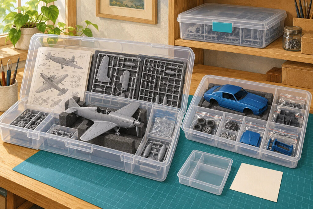 Illustration of unfinished airplane and car models separated into project containers with organized matching parts.