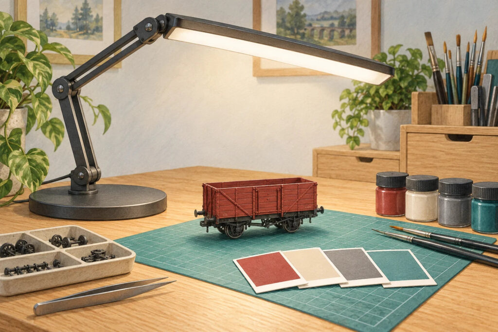 Illustration of an adjustable task lamp lighting a small model railway wagon and matching paint swatches.