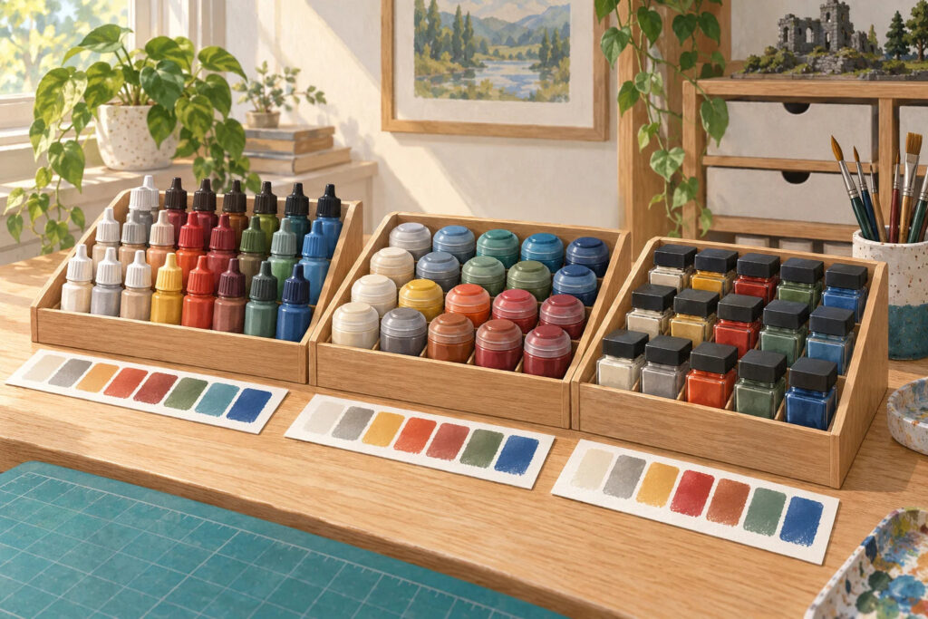 Illustration of hobby paints separated by container type into three caddies with color swatches in front.