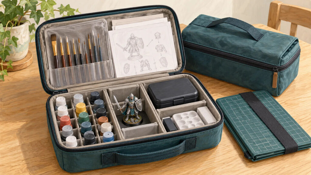 An open compact hobby case separates brushes, capped paint bottles, instructions, and a protected model.