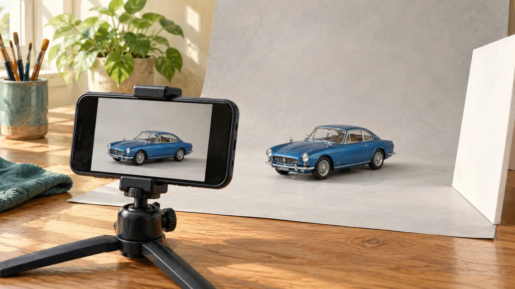 A smartphone on a small stand photographs a blue model car on a light tabletop backdrop.