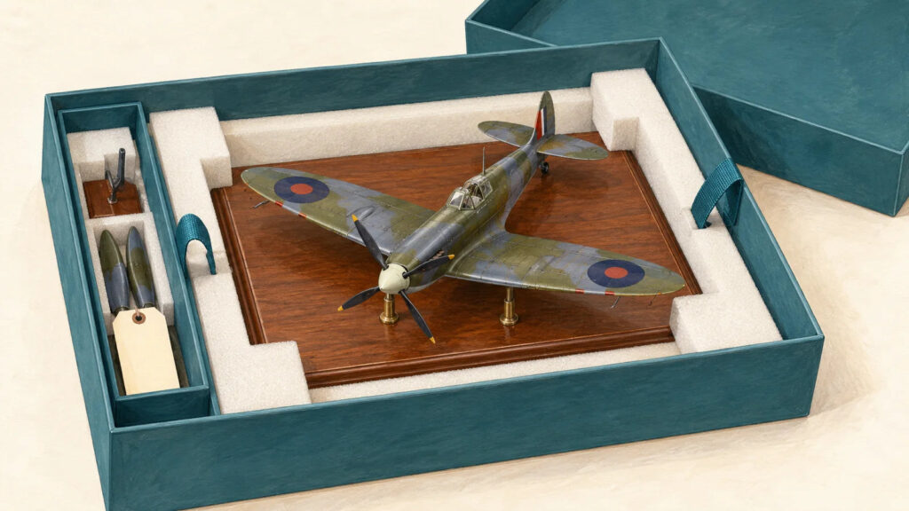 A finished model mounted on a sturdy base sits in a padded carrying box with clearance around delicate parts.