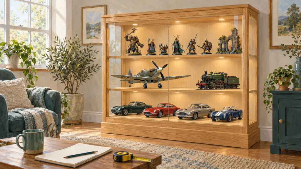 An adjustable display cabinet holds model cars, an airplane, miniatures, and a locomotive with generous spacing.