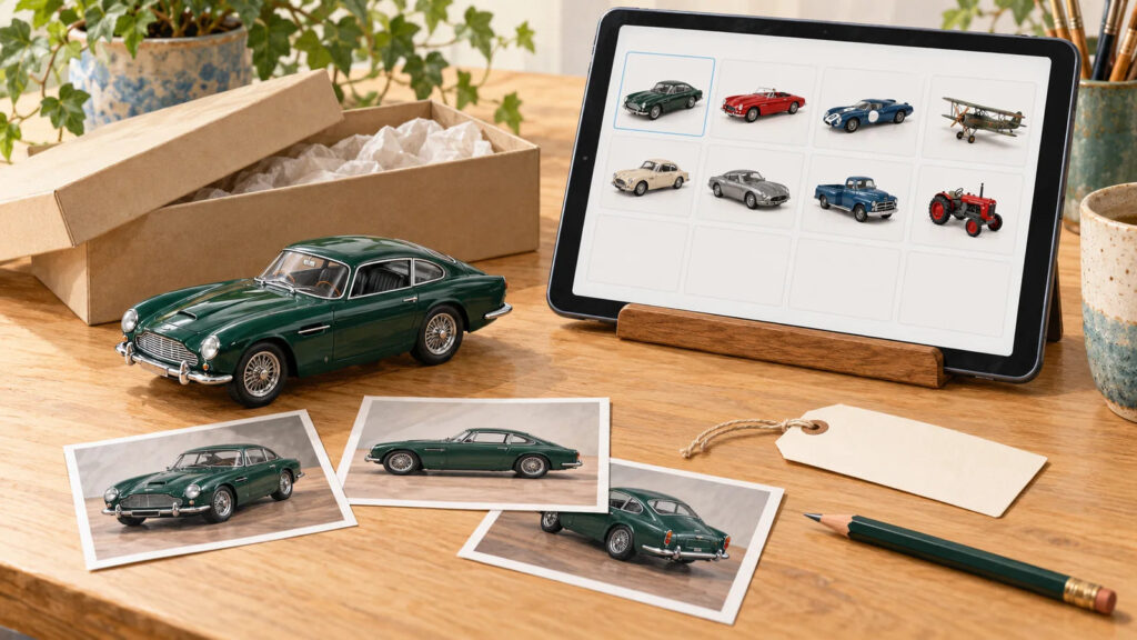 A model car, its storage box, and detail photographs sit beside a tablet with an illustrated collection catalog.