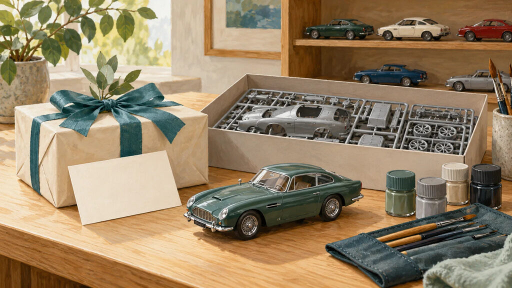 A neatly wrapped hobby gift and blank card sit beside a model kit, paint bottles, and a small collection display.