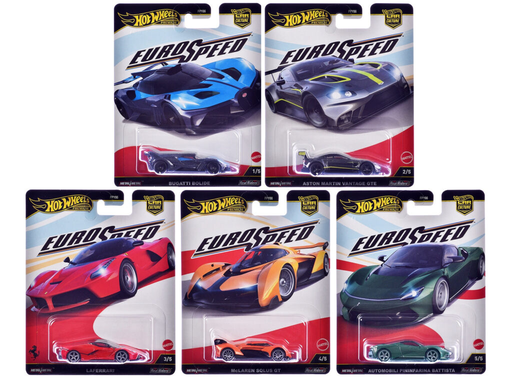 Five carded Hot Wheels Euro Speed Car Culture cars from the 2025 Series L set.